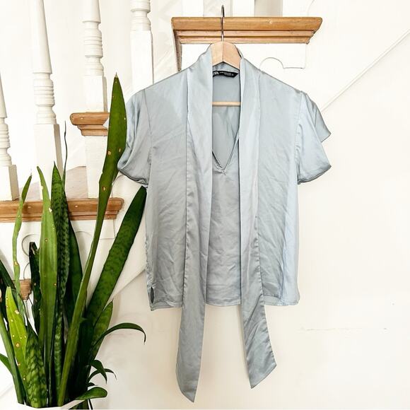 Zara Light Blue Satin Short Sleeve Top with Tie Detail V-Neckline Top Size XS - Picture 1 of 5
